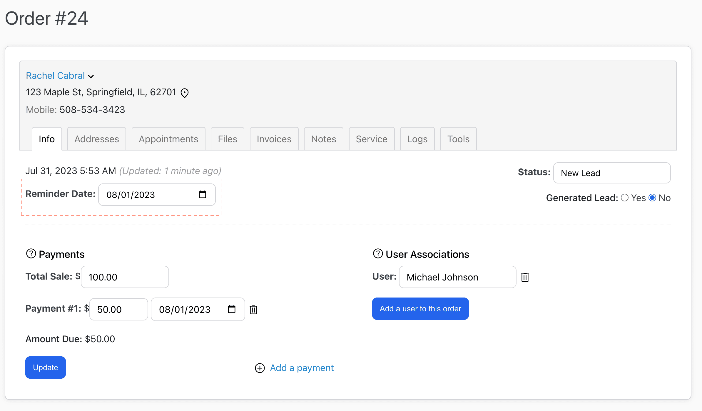 Add a reminder date to an order.